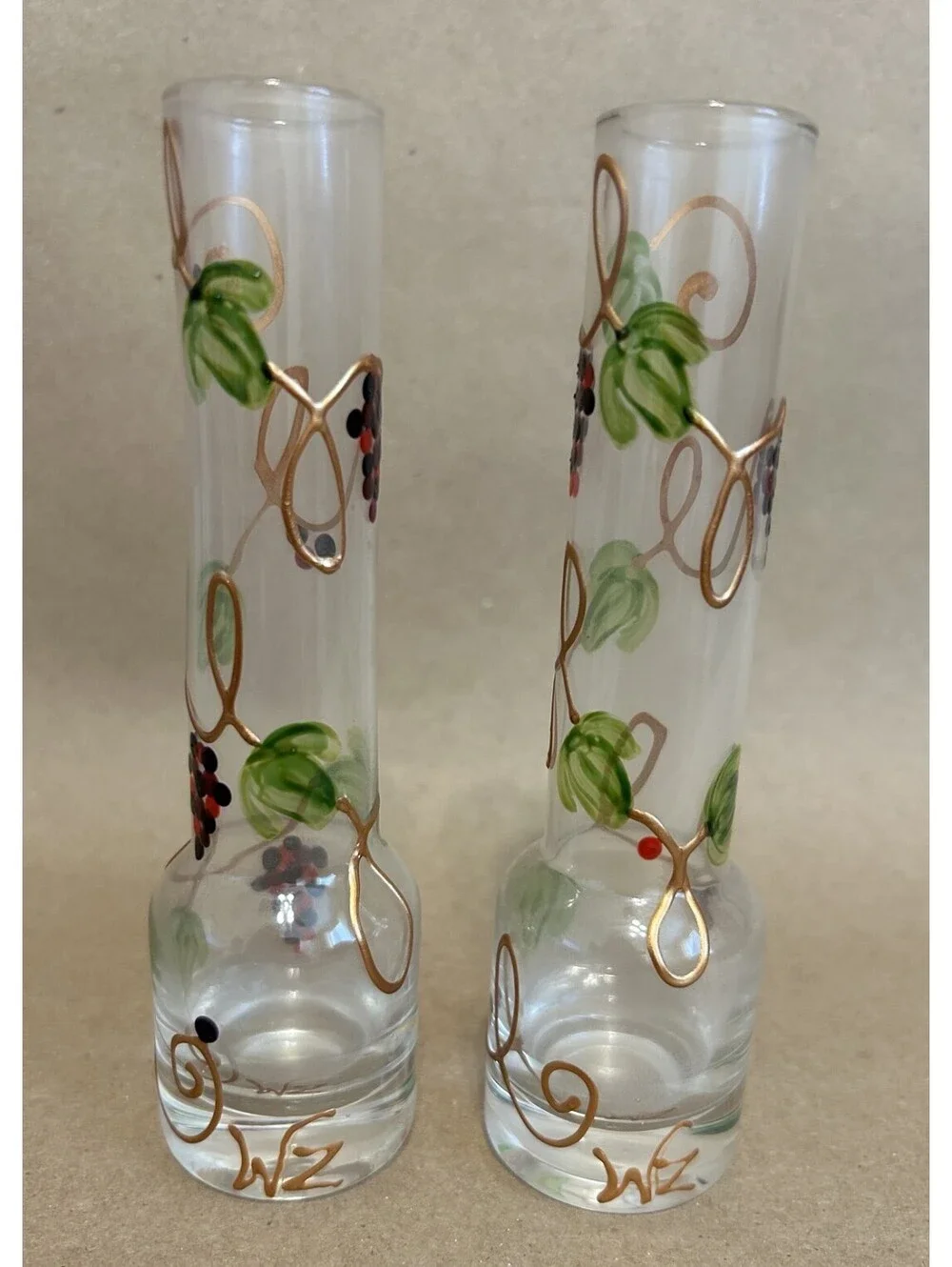 Pair of hand painted bud vases - gold toned vines, leaves and grapes